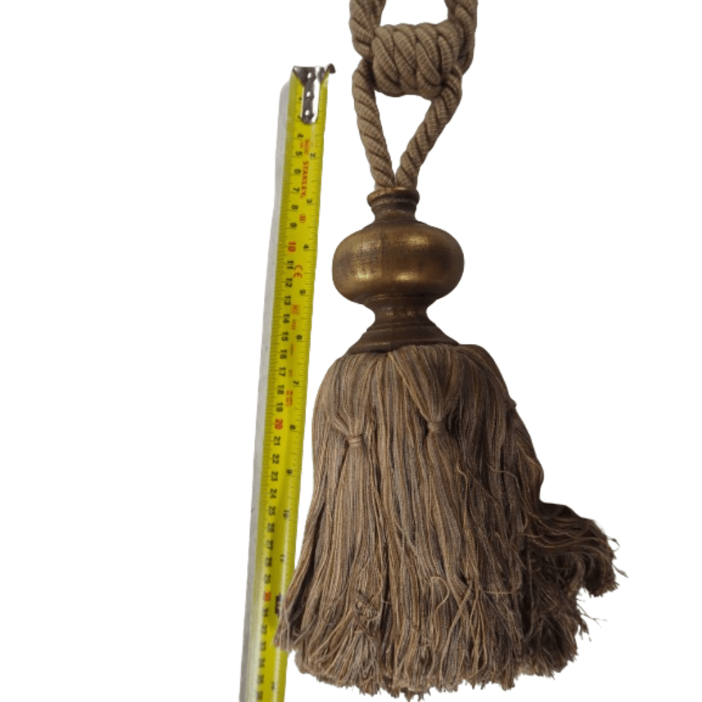 _Gold Wood Taupe tassel Rustic Statement Tassel Tie Back - Clearance Fabric Shop