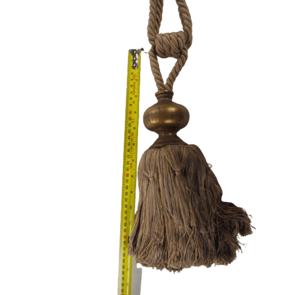 _Gold Wood Taupe tassel Rustic Statement Tassel Tie Back - Clearance Fabric Shop
