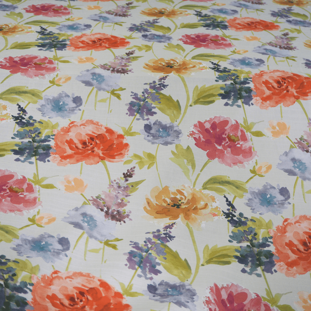Painterly printed peony design furnishing fabric. - Clearance Fabric Shop