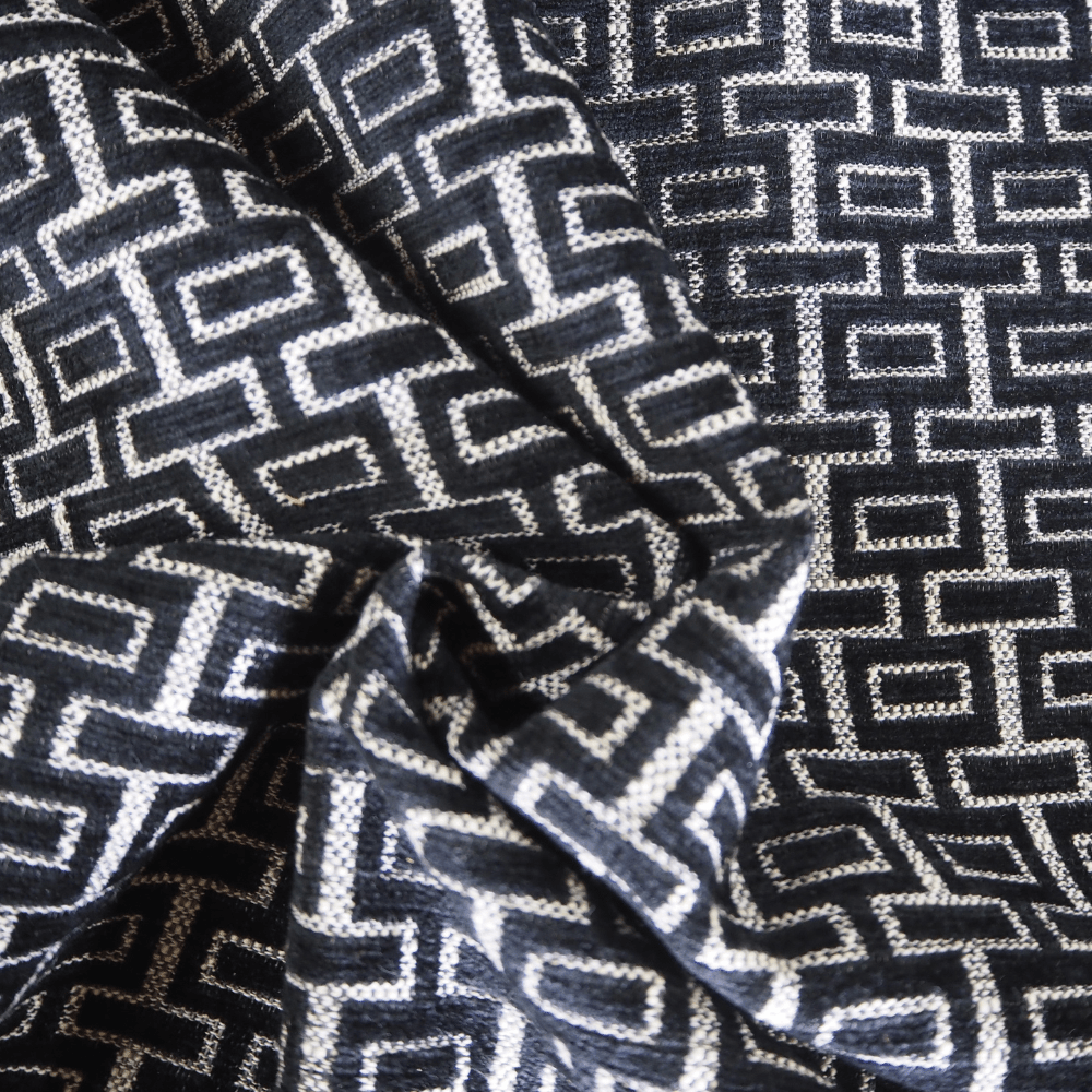Plush pile indent velvet chenille - Black and Grey geometric fabric. - Clearance Fabric Shop