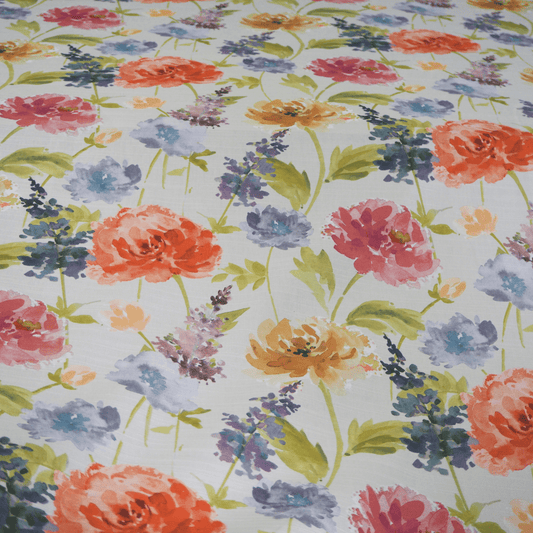 Painterly printed peony design furnishing fabric. - Clearance Fabric Shop