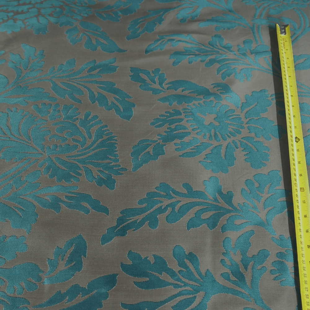 Steel Grey and Turquoise Damask type curtain fabric - Clearance Fabric Shop