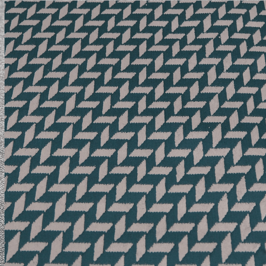 Sunbury Bohemia Ragtime Jade Green and white geometric velour Upholstery Fabric. - Clearance Fabric Shop