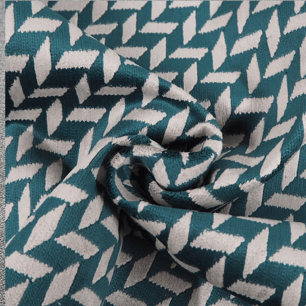 Sunbury Bohemia Ragtime Jade Green and white geometric velour Upholstery Fabric. - Clearance Fabric Shop