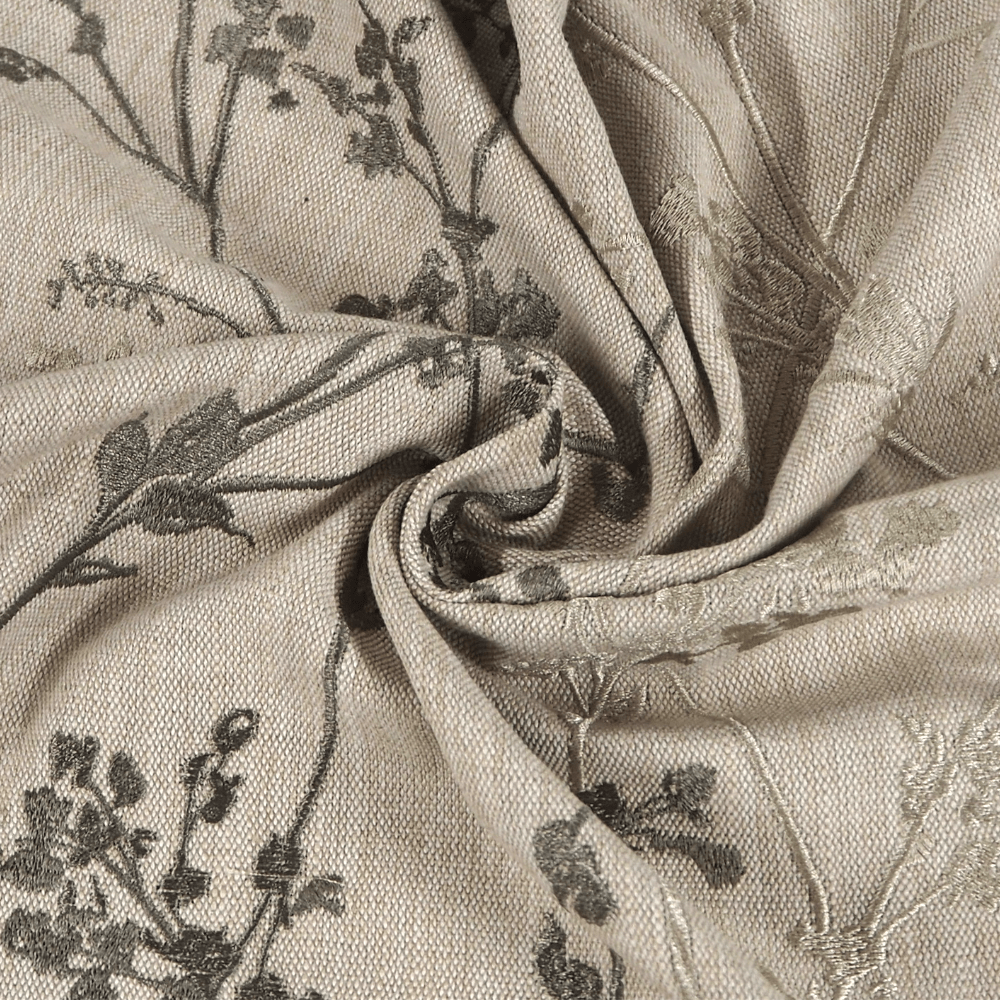 Whisp Oatmeal Embroidered Linen Curtain Fabric. - Clearance Fabric Shop