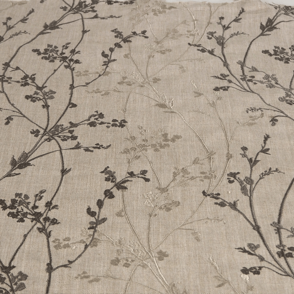 Whisp Oatmeal Embroidered Linen Curtain Fabric. - Clearance Fabric Shop