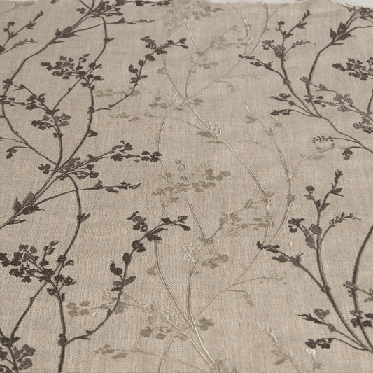 Whisp Oatmeal Embroidered Linen Curtain Fabric. - Clearance Fabric Shop